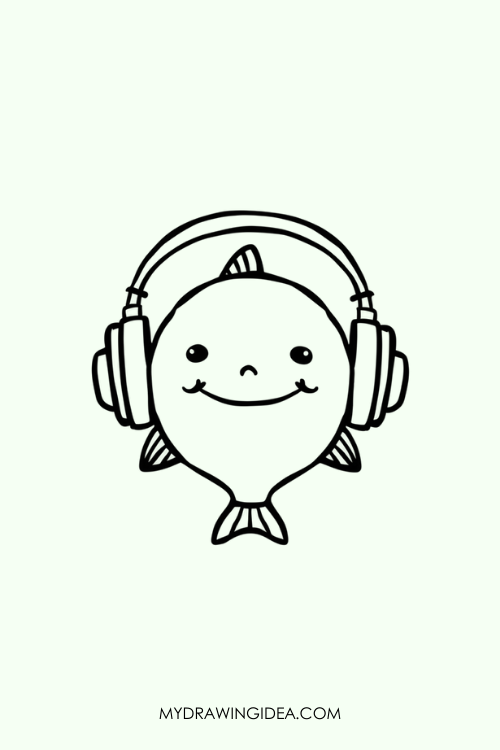 happy fish wearing headphone Drawing ideas
