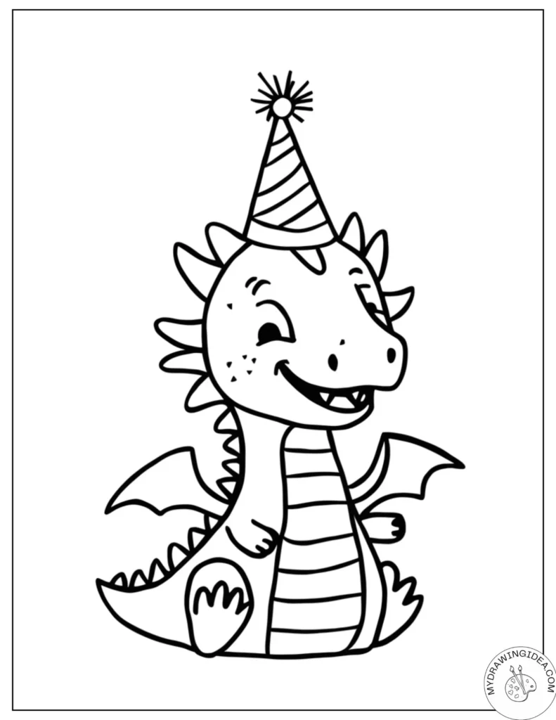 Cheerful Party Dragon with Birthday Hat - Coloring Sheets of Dragons