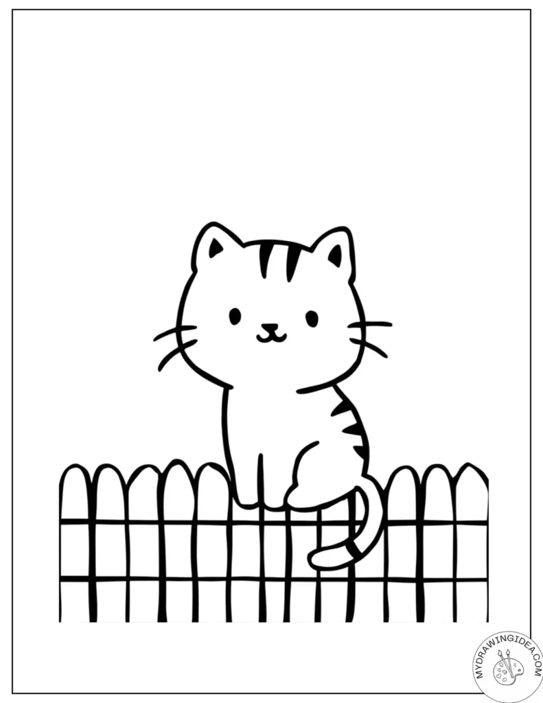 Cute Fence Cat - Kitten Coloring Pages Free Printable