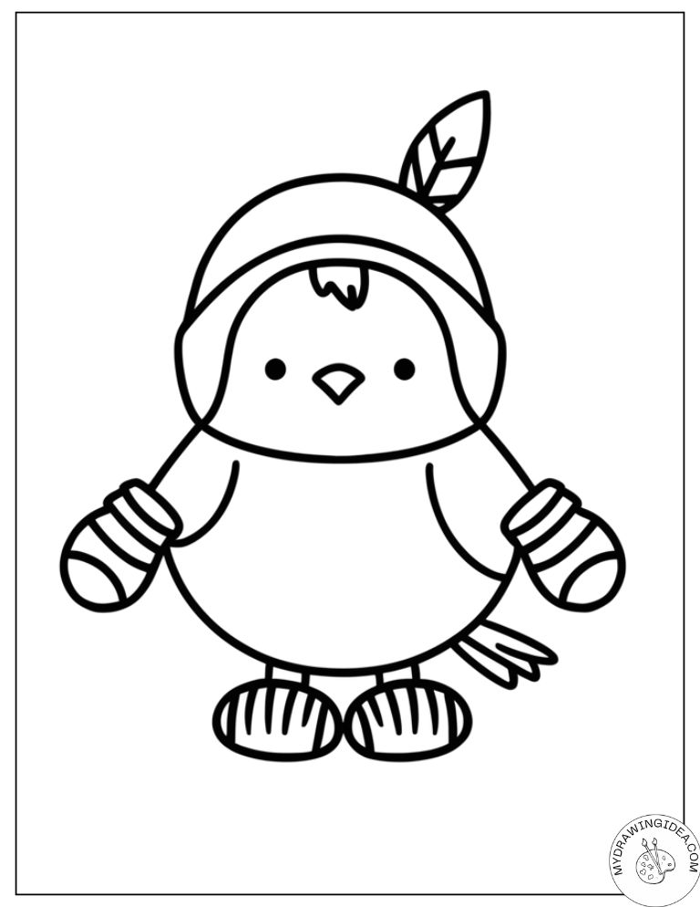 Feathered Friend in Mittens – Printable Bird Coloring Pages