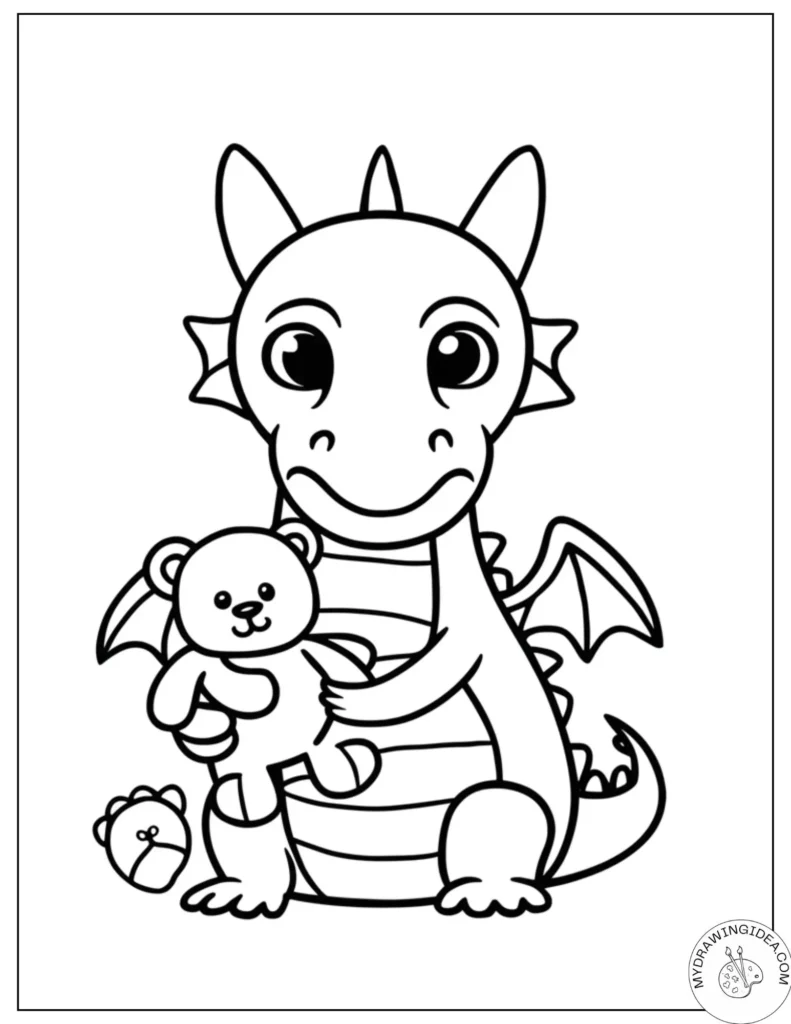 Gentle Baby Dragon with Teddy Bear Friend - Baby Dragon Color Page