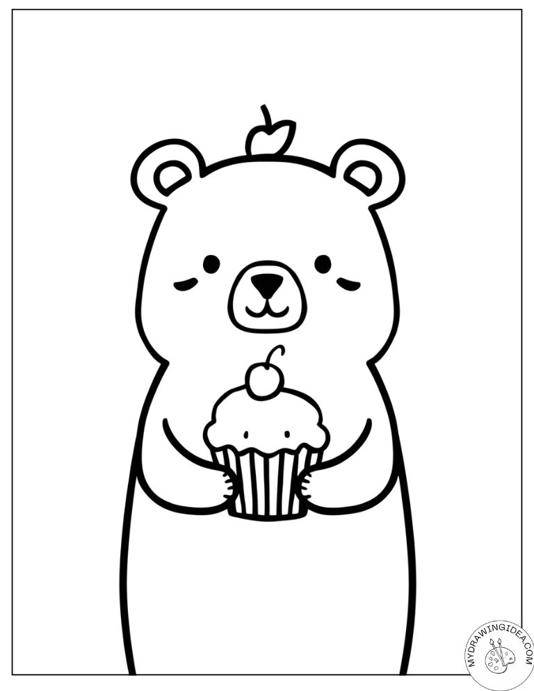 Happy Bear with Delicious Cupcake - Free Pooh Bear Coloring Pages
