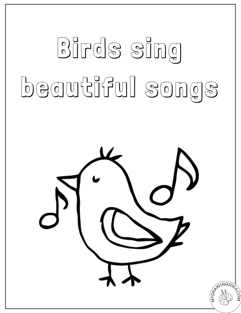 Happy Singing Bird with Music Notes - Free Printable Coloring Pages Birds
