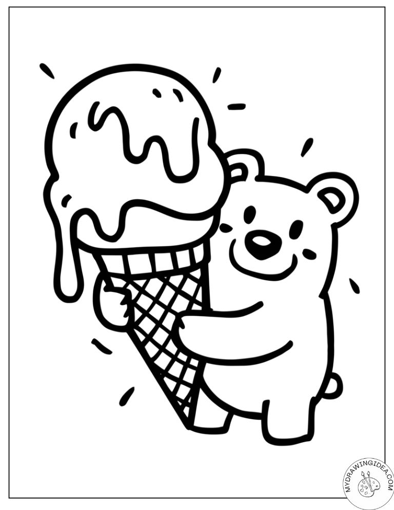 Ice Cream Loving Bear – Cute Kawaii Bear Coloring Pages