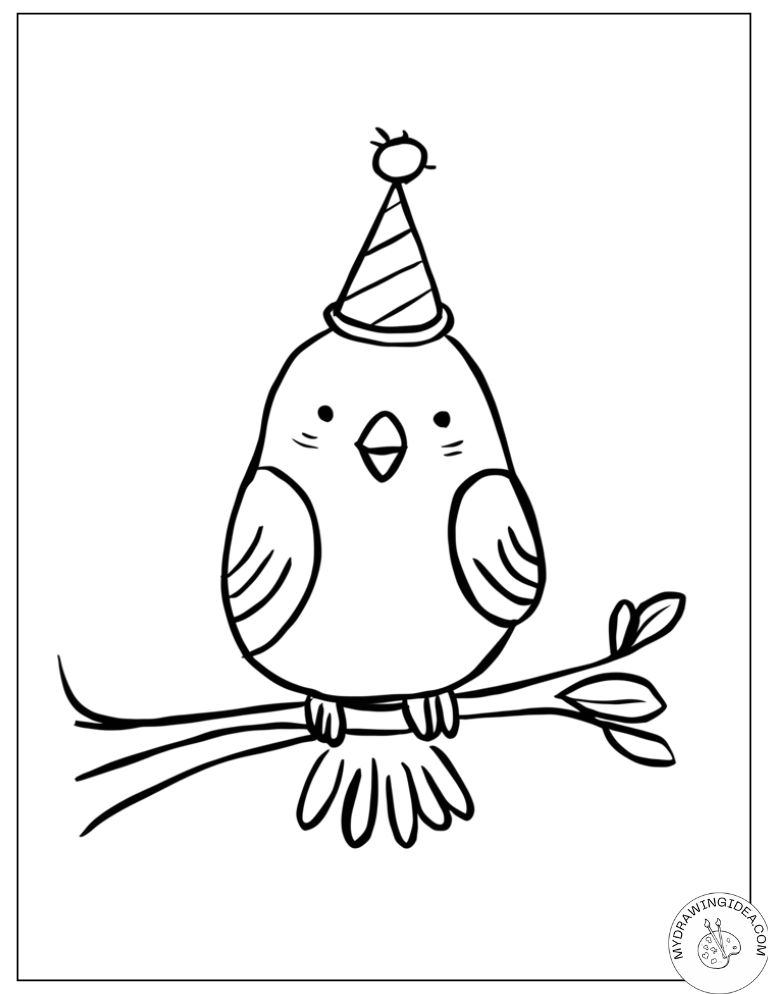 Party Time Bird with Striped Hat - Free Printable Coloring Pages of Birds