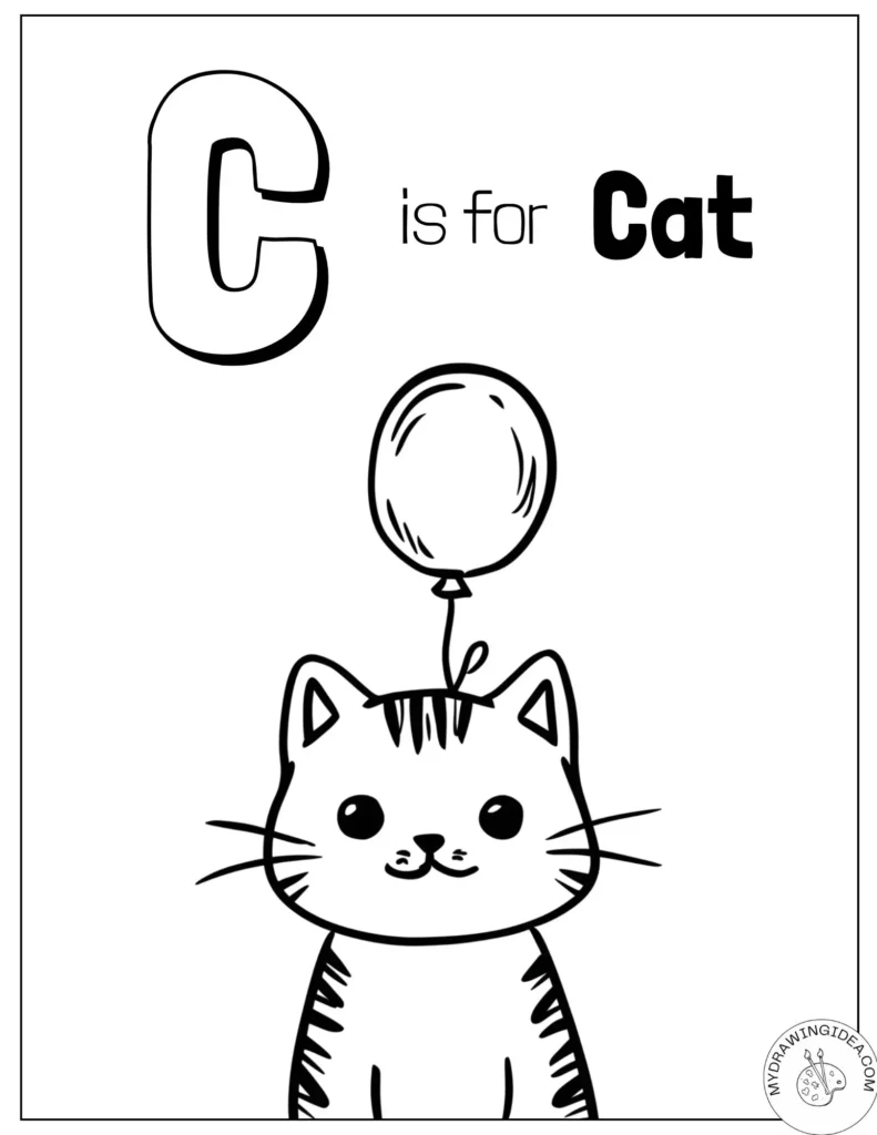 Playful ‘C Is for Cat’ Balloon Kitten Coloring Sheet
