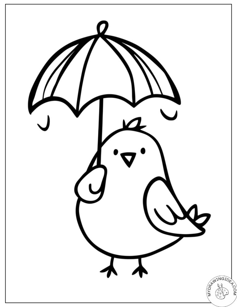 Rainy Day Bird with Protective Umbrella - Free Birds Coloring Pages