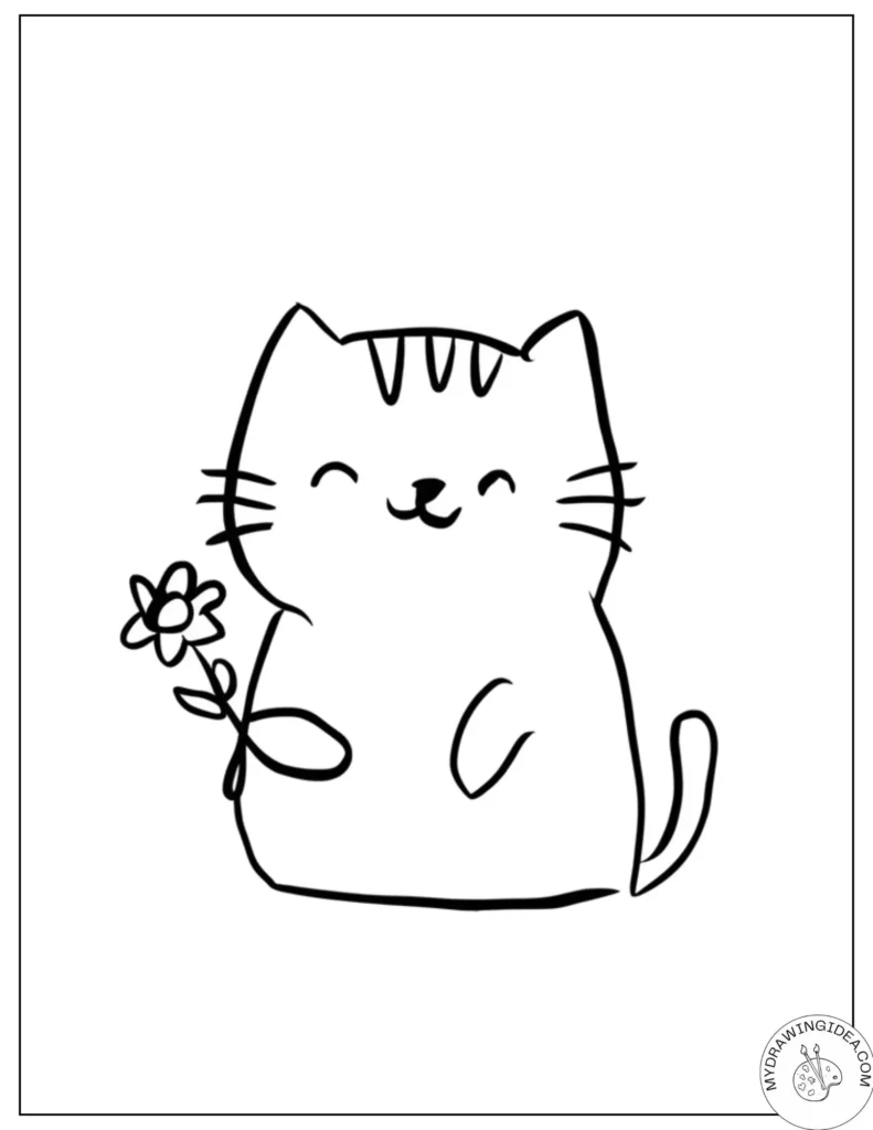 Smiling Kitty with Daisy - Kitten Coloring Sheet