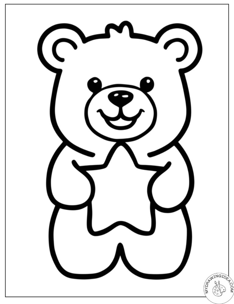 Star-Hugging Smiley Bear – Bear Coloring Pages Free for Kids