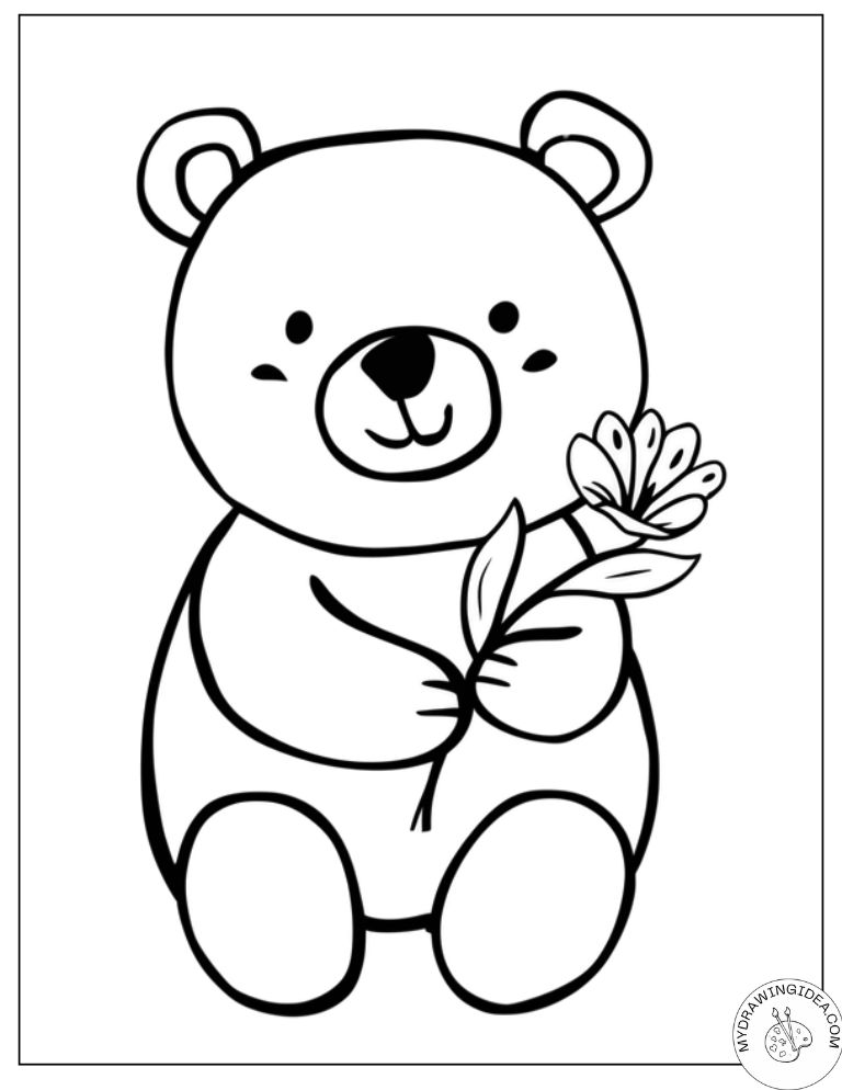Sweet Bear Holding Pretty Flower - Free Coloring Pages Bears