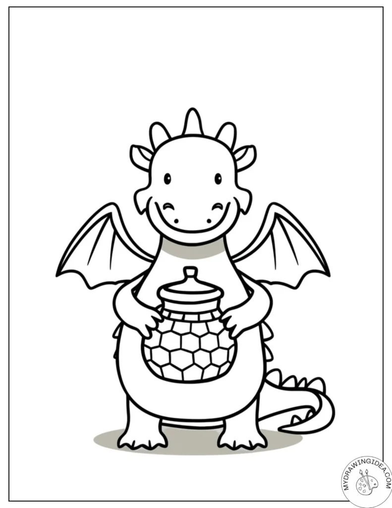 Sweet Dragon Holding Treasure Jar - Free Dragon Coloring Sheets