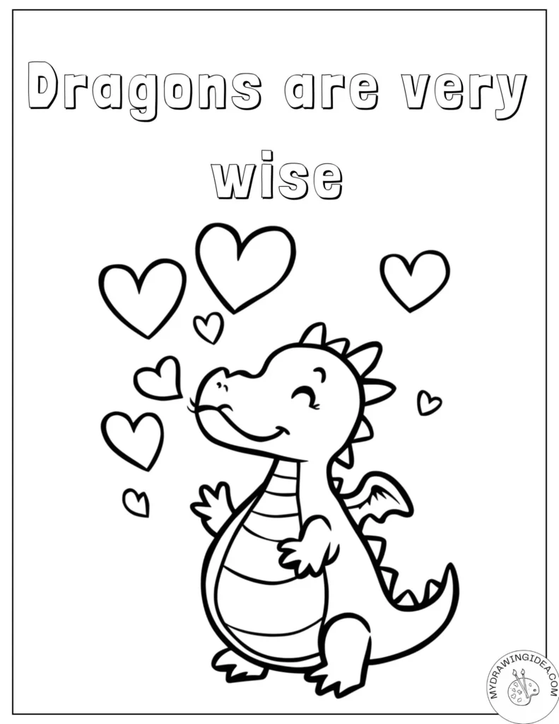 Wise Dragon Surrounded by Hearts Free Dragon Colouring Pages