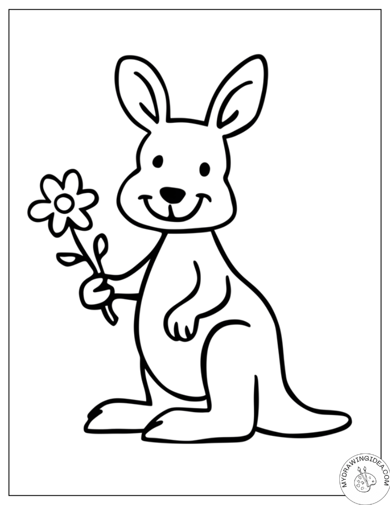 Adorable Baby Kangaroo Holding Daisy - Baby Kangaroo Free Color Page
