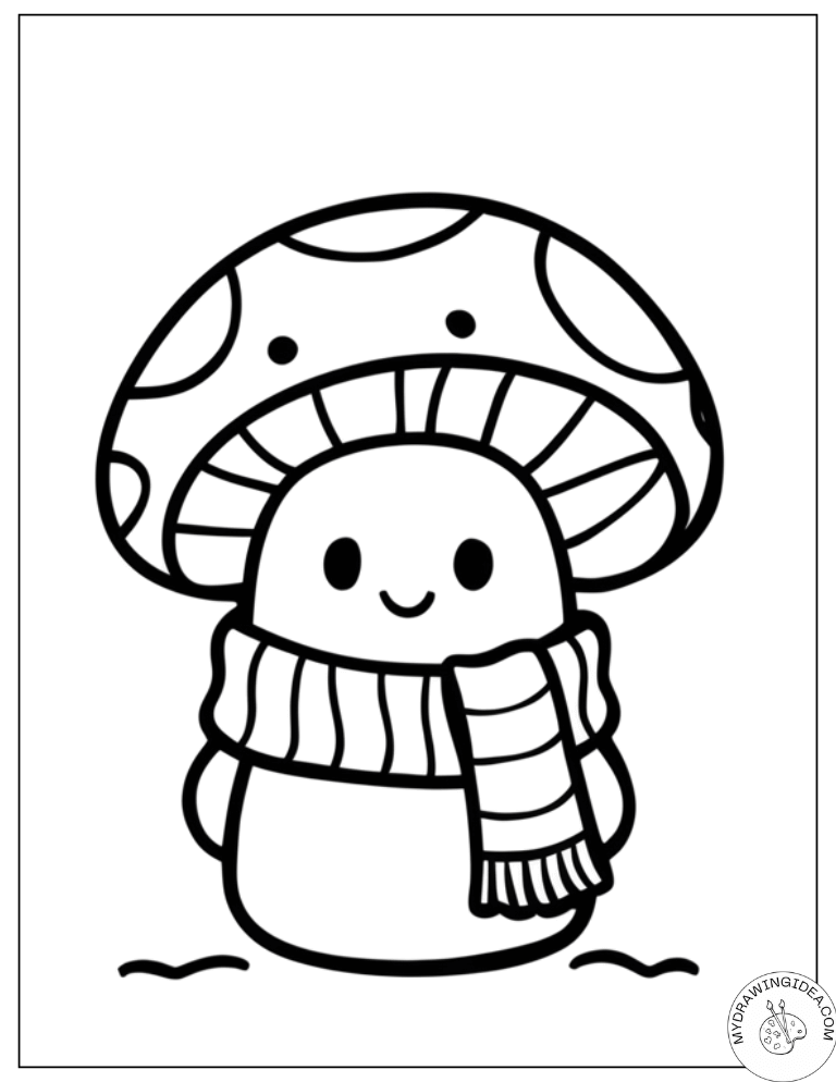 Adorable Striped Scarf Mushroom - Printable Trippy Mushroom Coloring Pages