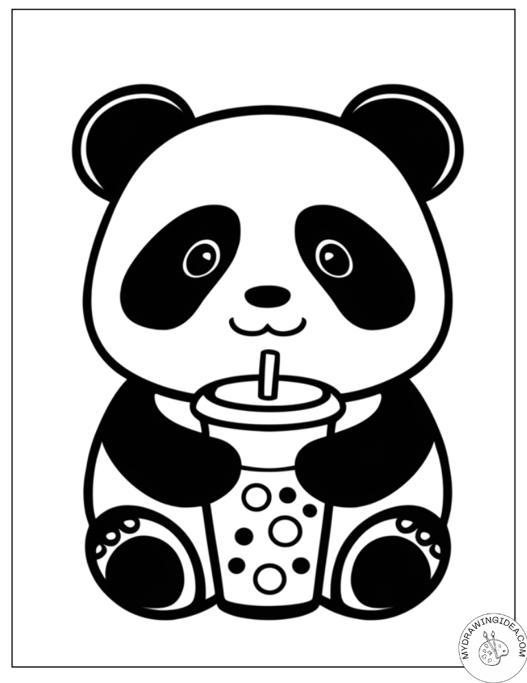 Bubble Tea Loving Panda – Cute Panda Coloring Pages Printable