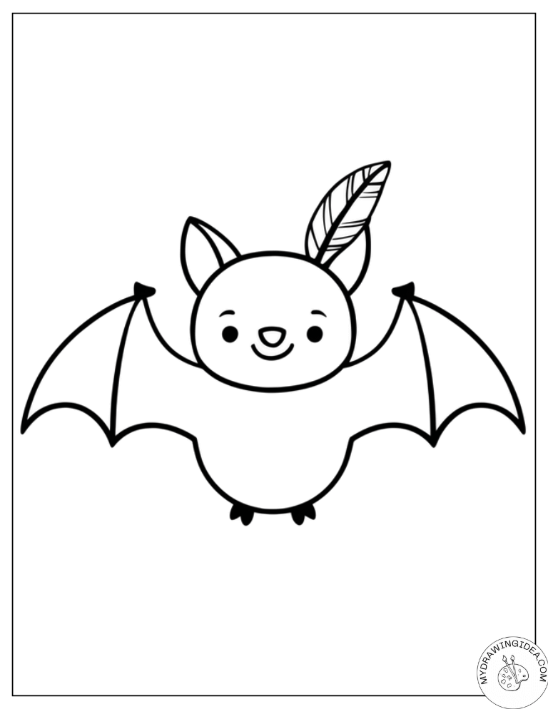Cheerful Bat with Decorative Plume - Bat Coloring Page for Kids