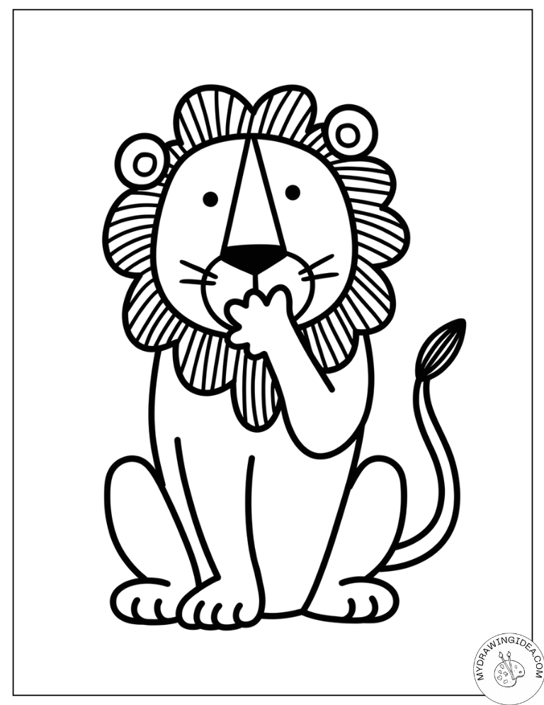 Cheerful Sitting Lion Waving - Free Coloring Pages of Lions Printable
