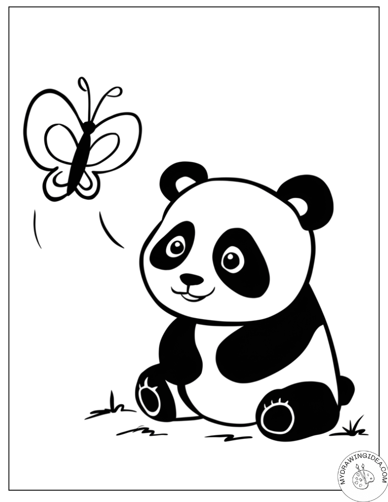 Garden Butterfly Friend Panda – Free Printable Cute Panda Coloring Pages