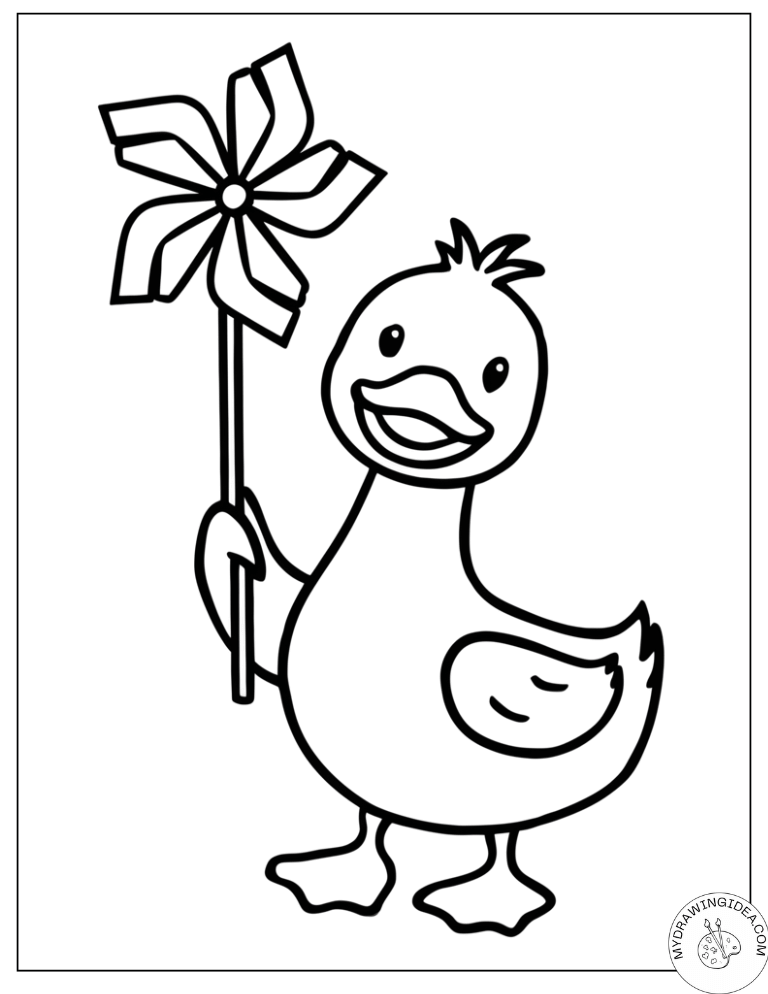 Happy Duck and Pinwheel – Free Printable Duck Coloring Pages