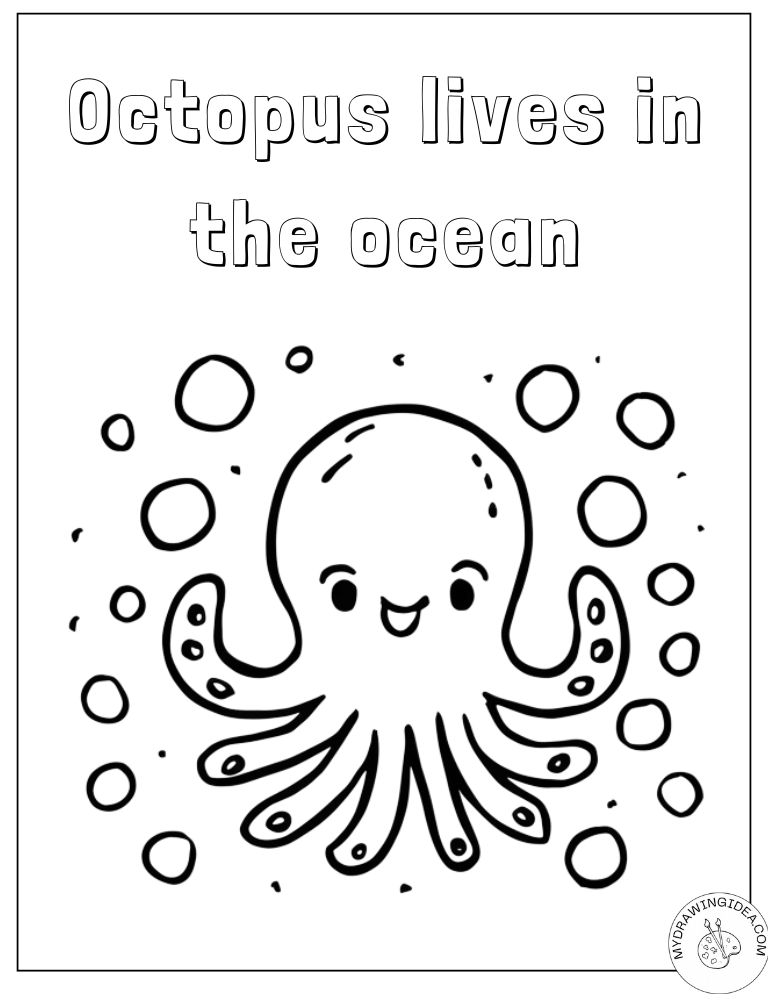 Happy Swimming Cute Octopus Coloring Page with Underwater Scene
