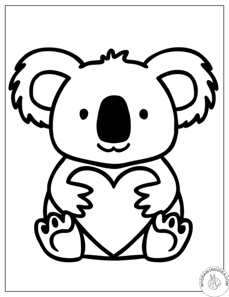 Hugging Heart Baby Koala – Cute Printable Coloring Page