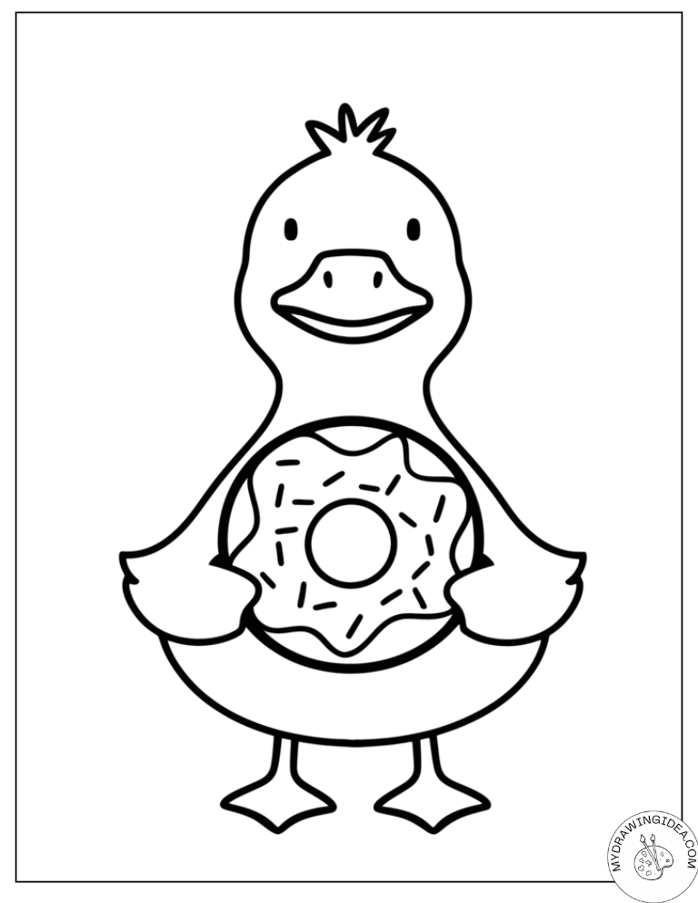 Hungry Duck Enjoying Donut - Duck Coloring Page Printable