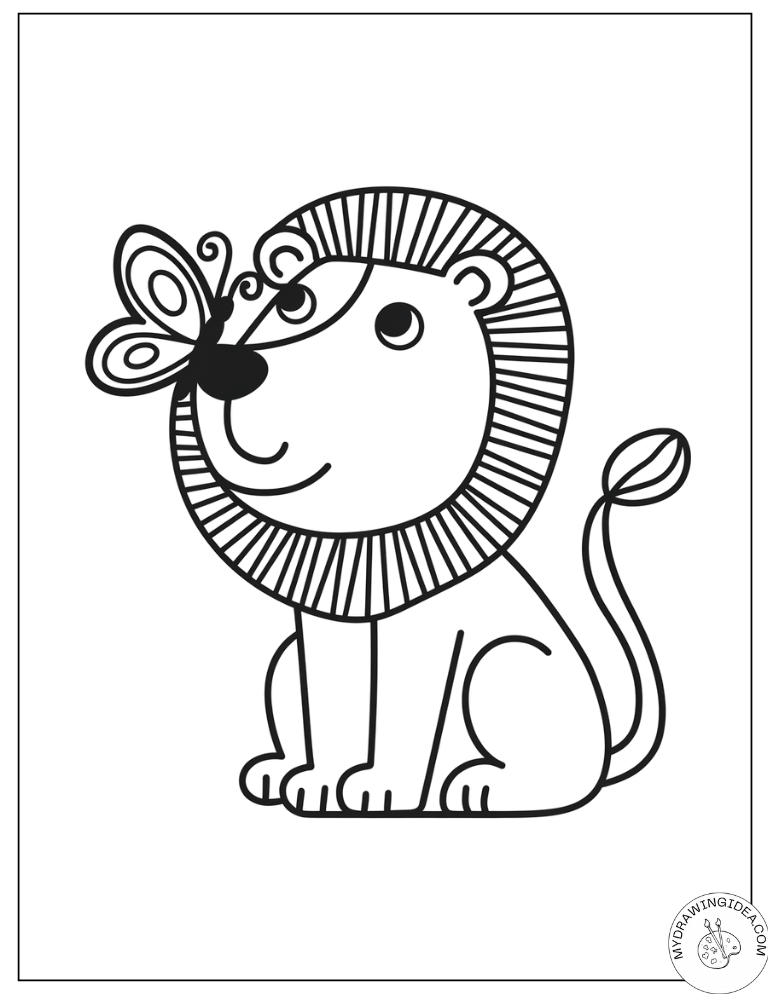 Lion Meeting a Pretty Butterfly - Lion Free Coloring Pages