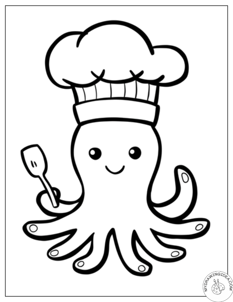 Little Octo the Cook – Easy Octopus Coloring Page Printable