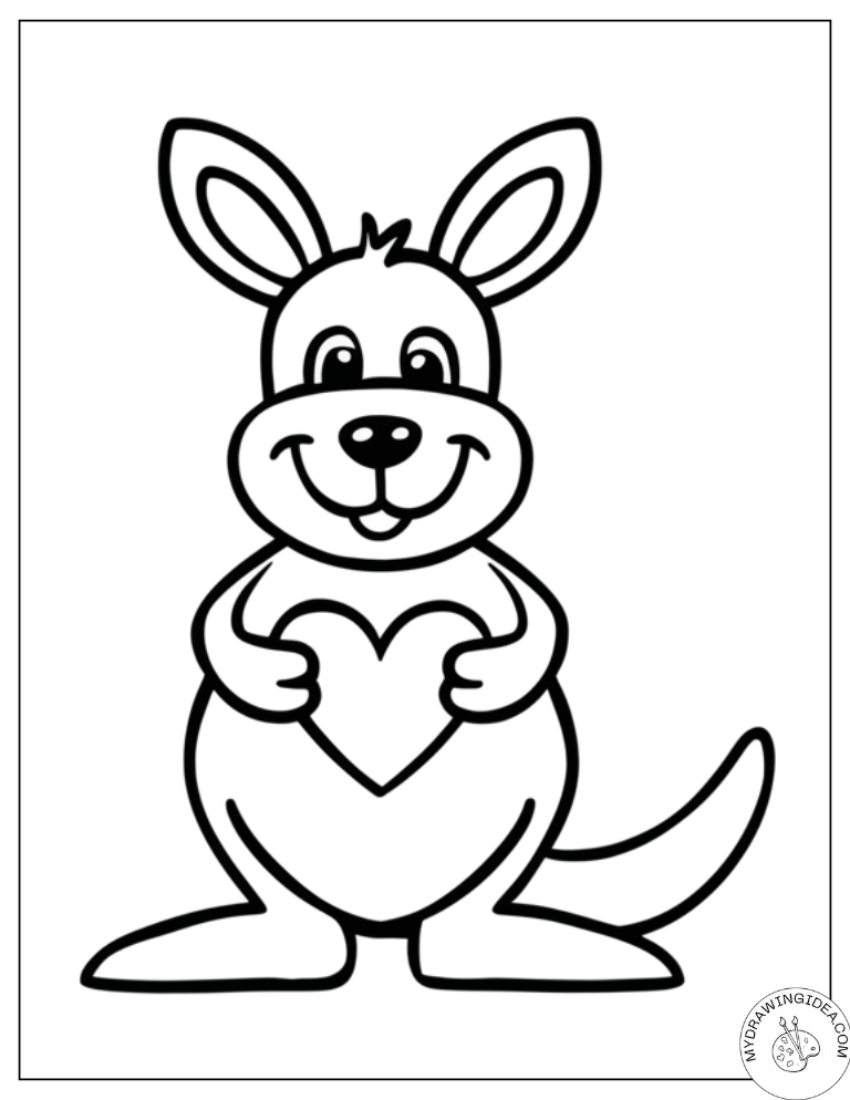 Loving Baby Kangaroo Holding Heart - Baby Kangaroo Color Page