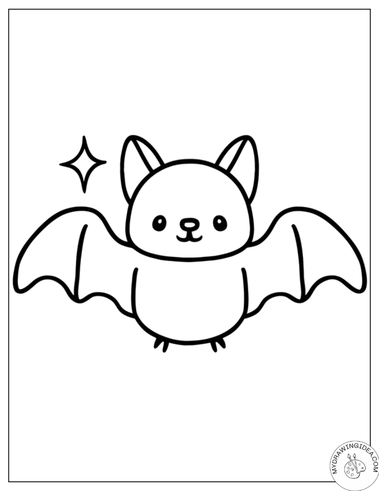 Magical Bat Under Sparkling Star - Bat Coloring Pages for Kids