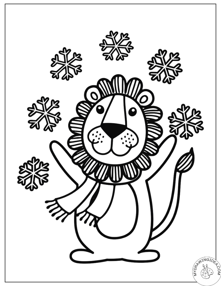Playful Lion Celebrating Winter - Lion Coloring Pages Printable