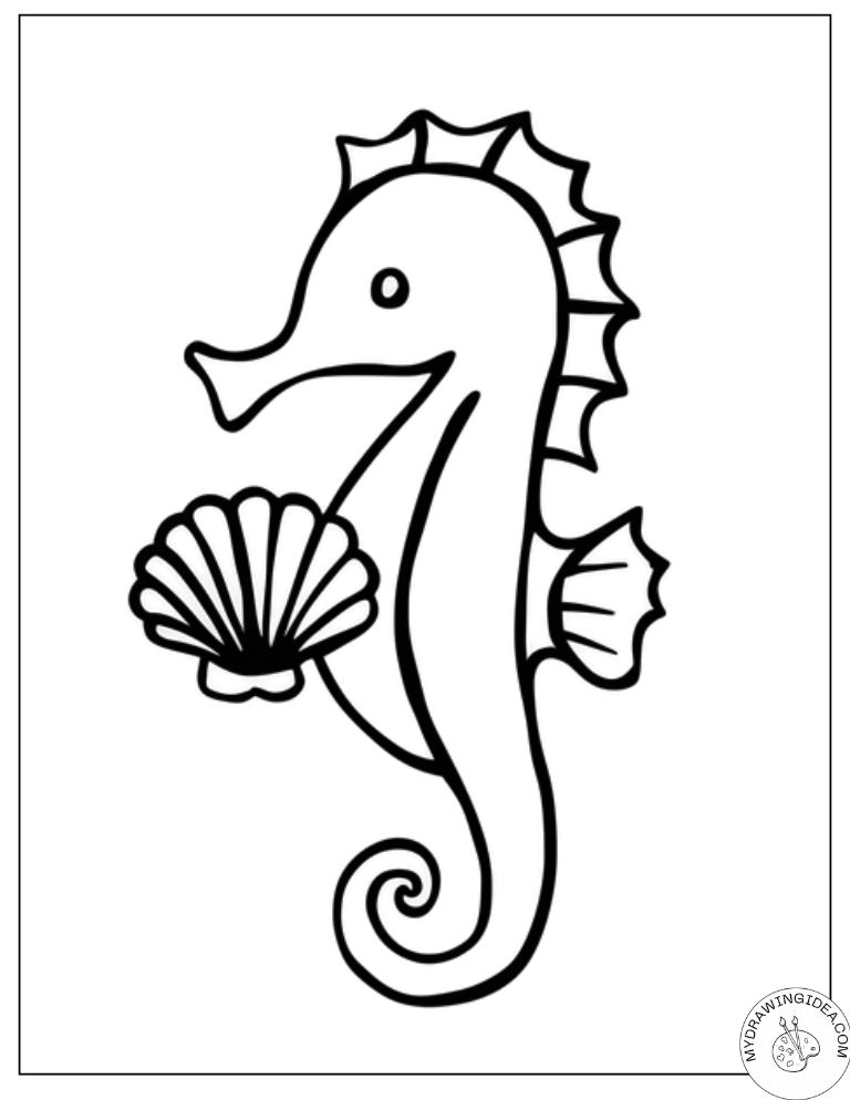 Realistic Seahorse Holding Seashells – Detailed Coloring Page