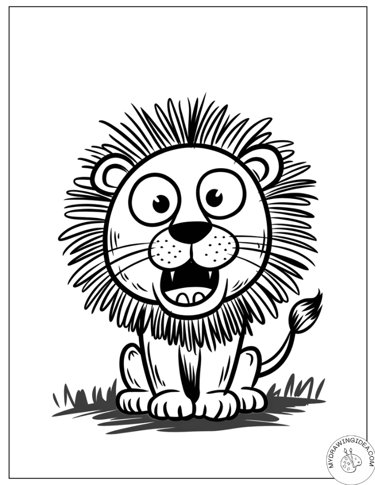 Silly Lion with Big Eyes on Grass - Printable Lion Coloring Pages