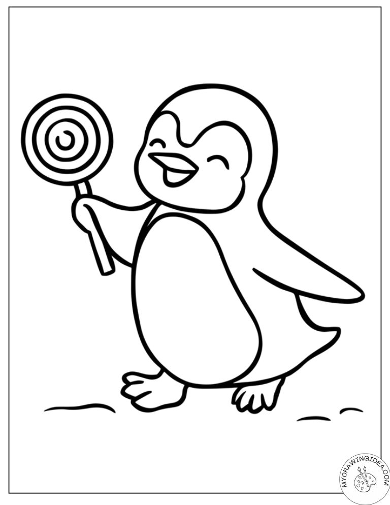 Smiling Penguin & Candy Fun – Printable Penguin Coloring Pages