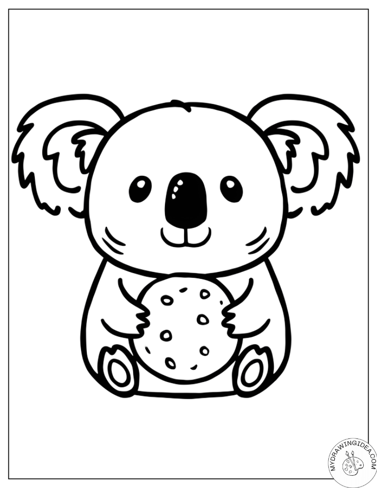Snack Time Koala with Chocolate Chip Cookie – Cute Koala Coloring Pages for Adults